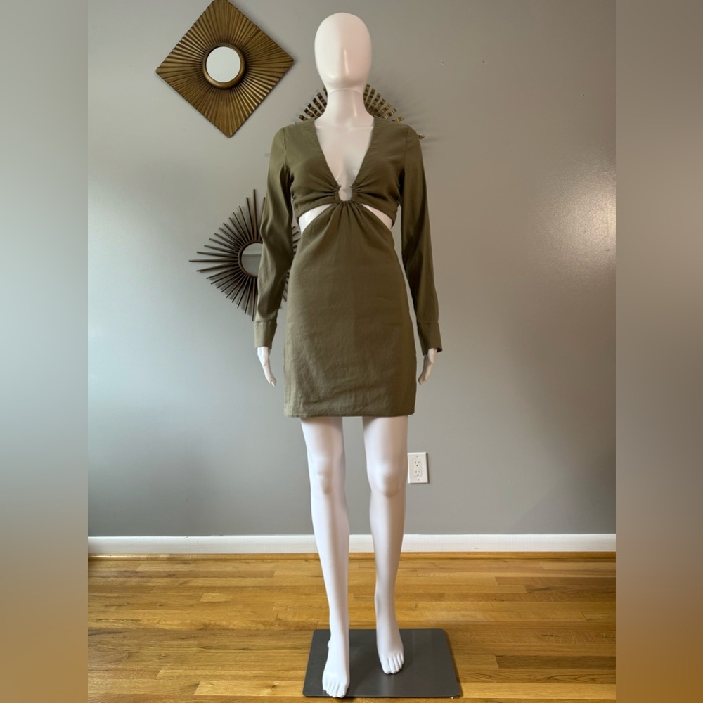 Zara Khaki Green Mini Dress with Cut-Out Detail